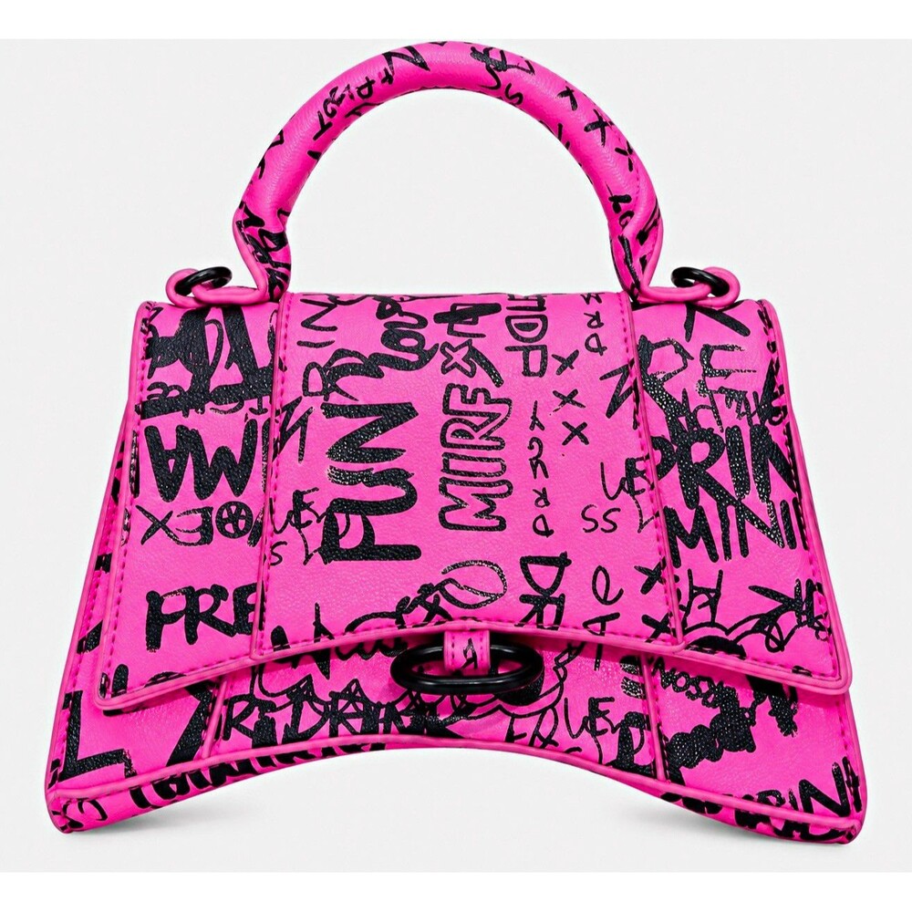 Mini Pink/Black Graffiti Leather Top Handle Flap Bag Trapezoid Logo Accent